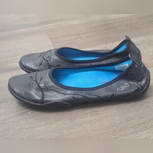 Ryka Remedy Embroidered Ballet Flats Black Size 8.5 Comfy Soft Classic